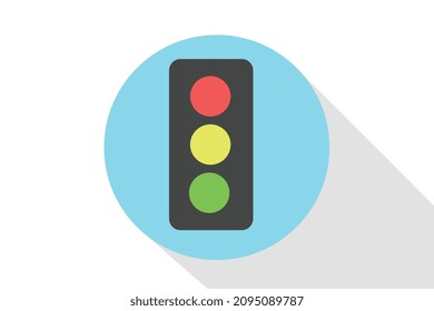 Traffic light icon in blue circle with shadow below, white background, vector illustration, modern style.