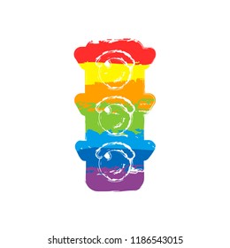 Traffic light icon. Drawing sign with LGBT style, seven colors of rainbow (red, orange, yellow, green, blue, indigo, violet