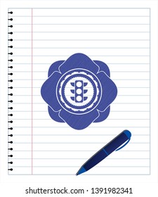 traffic light icon drawn with pen strokes. Blue ink. Vector Illustration. Detailed.