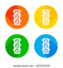 Traffic light icon. Flat white icon on colored circles background. Four different long shadows in each corners