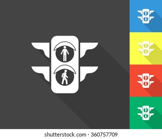 traffic light icon - gray and colored (blue, yellow, red, green) vector illustration with long shadow