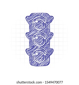 Traffic light icon. Hand drawn sketched picture with scribble fill. Blue ink. Doodle on white background