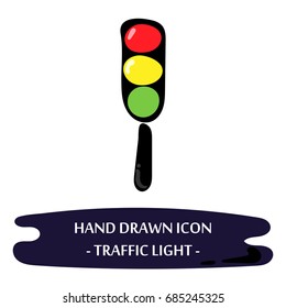 Traffic light icon. Hand drawn doodle red, yellow and green traffic light logo. Vector element. EPS10 illustration for web design, application, sticker, infographic. Childlike drawing style symbol.