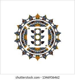 traffic light icon inside arabesque badge background. arabic decoration.