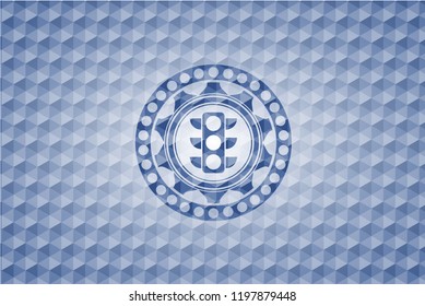 traffic light icon inside blue emblem or badge with geometric pattern background.