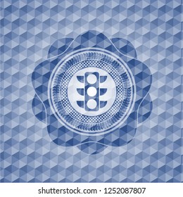 traffic light icon inside blue emblem or badge with abstract geometric pattern background.
