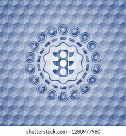 traffic light icon inside blue emblem or badge with abstract geometric pattern background.