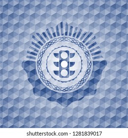 traffic light icon inside blue emblem with geometric pattern background.