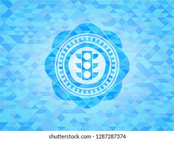traffic light icon inside light blue emblem with mosaic ecological style background