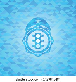 traffic light icon inside light blue emblem with mosaic ecological style background