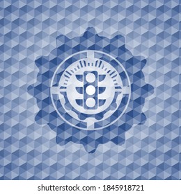 traffic light icon inside blue polygonal emblem. 