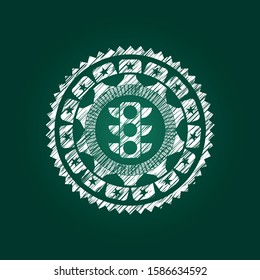 traffic light icon inside chalkboard emblem on black board