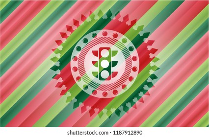traffic light icon inside christmas colors style emblem.