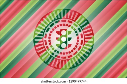 traffic light icon inside christmas badge background.