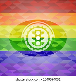 traffic light icon inside emblem on mosaic background with the colors of the LGBT flag