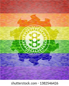 traffic light icon inside emblem on mosaic background with the colors of the LGBT flag