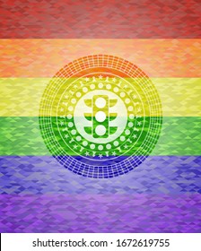 traffic light icon inside emblem on mosaic background with the colors of the LGBT flag