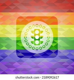 traffic light icon inside emblem on mosaic background with the colors of the LGBT flag. 