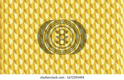 icono del semáforo dentro del emblema dorado. Patrón de escalas. Ilustración vectorial. Detallado.