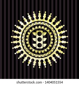 traffic light icon inside golden emblem or badge