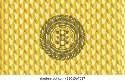 icono del semáforo dentro del emblema dorado o la placa. Patrón de escalas. Ilustración vectorial. Detallado. 