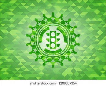 traffic light icon inside green emblem with triangle mosaic background
