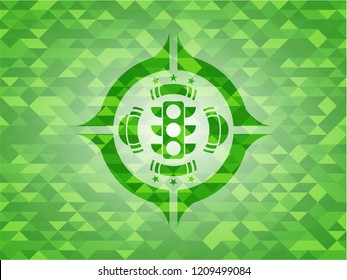 traffic light icon inside green emblem with mosaic background