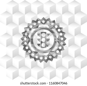 traffic light icon inside grey badge with geometric cube white background