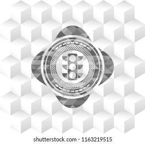 traffic light icon inside grey emblem. Retro with geometric cube white background