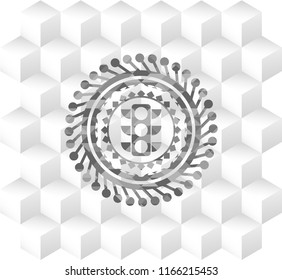 traffic light icon inside grey emblem with cube white background