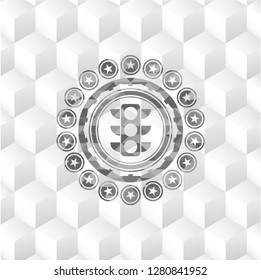 traffic light icon inside grey emblem. Vintage with geometric cube white background