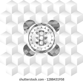 traffic light icon inside grey badge with geometric cube white background