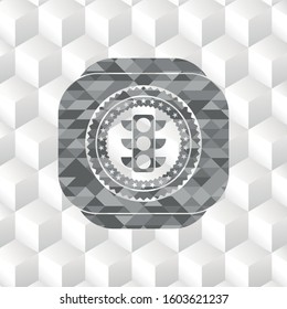 traffic light icon inside grey emblem. Retro with geometric cube white background