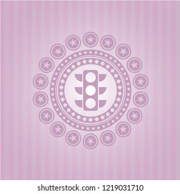 traffic light icon inside pink emblem. Vintage.