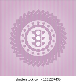 traffic light icon inside pink emblem. Vintage.