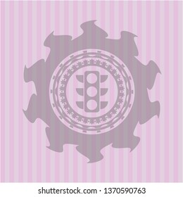 traffic light icon inside pink emblem. Retro