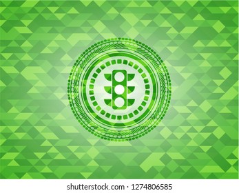 traffic light icon inside realistic green emblem. Mosaic background