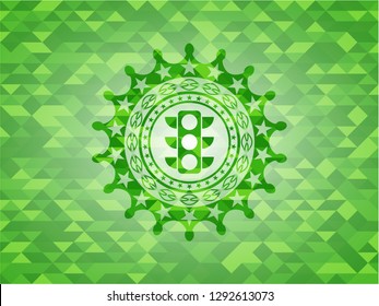traffic light icon inside realistic green emblem. Mosaic background