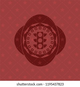 traffic light icon inside red emblem. Retro