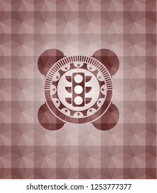 traffic light icon inside red seamless emblem or badge with abstract geometric polygonal pattern background.