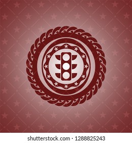 traffic light icon inside red emblem. Retro