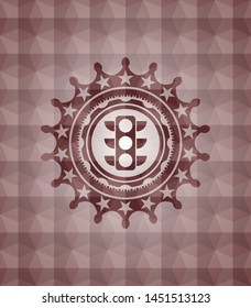 traffic light icon inside red emblem or badge with geometric pattern background. Seamless.