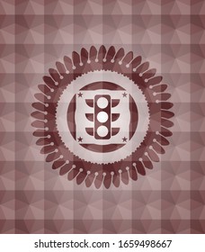 icono de semáforo dentro del emblema rojo sin fisuras con fondo de patrón geométrico.