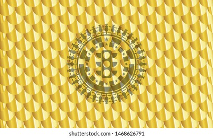 traffic light icon inside shiny golden badge. Scales pattern. Vector Illustration. Detailed.