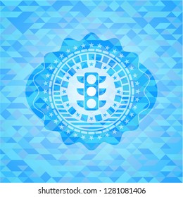 traffic light icon inside sky blue emblem with triangle mosaic background