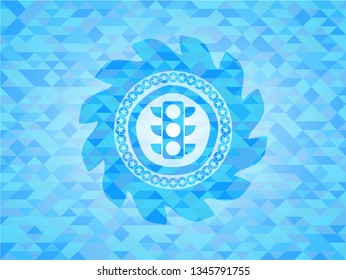traffic light icon inside sky blue emblem with triangle mosaic background