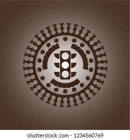 traffic light icon inside wood badge or emblem