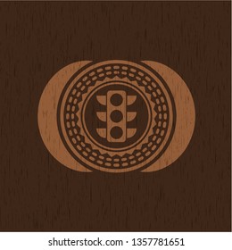 traffic light icon inside wood emblem. Retro