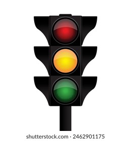 Traffic light icon. Red yellow green. Halftone vector design. Signal control element.