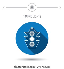 Traffic light icon. Safety direction regulate sign. Blue flat circle button. Linear icon with shadow. Vector